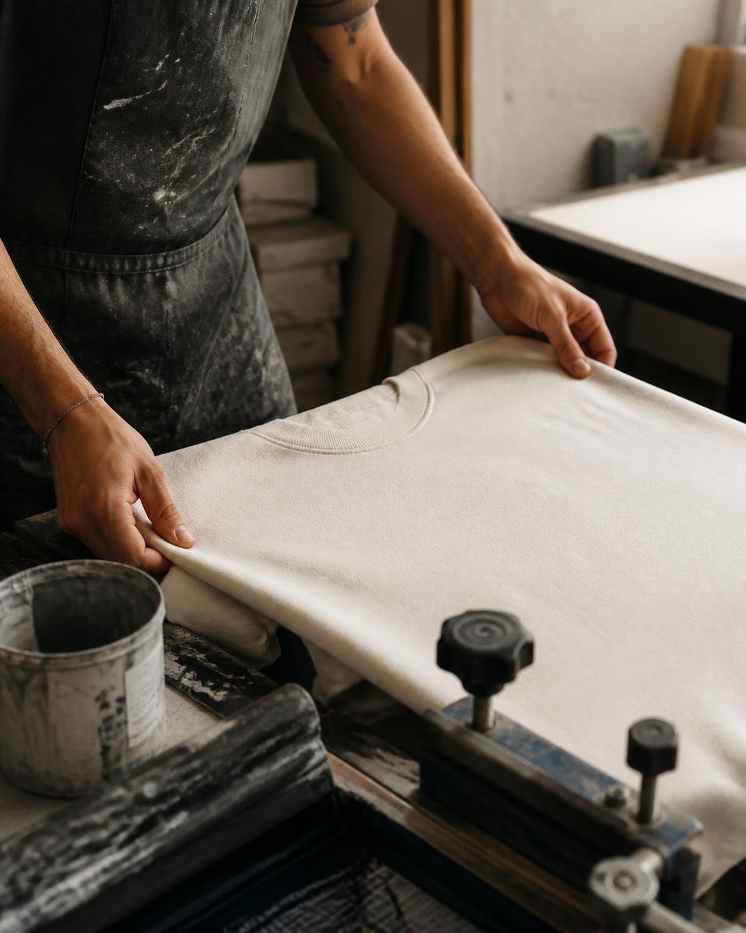Close view of hands aligning a blank sweatshirt during the apparel printing process