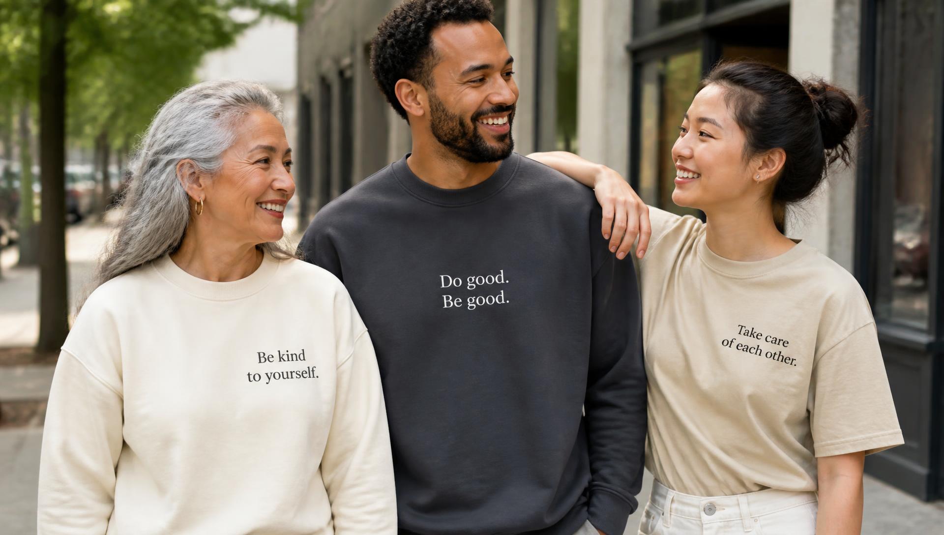 People standing together wearing pieces with printed messages